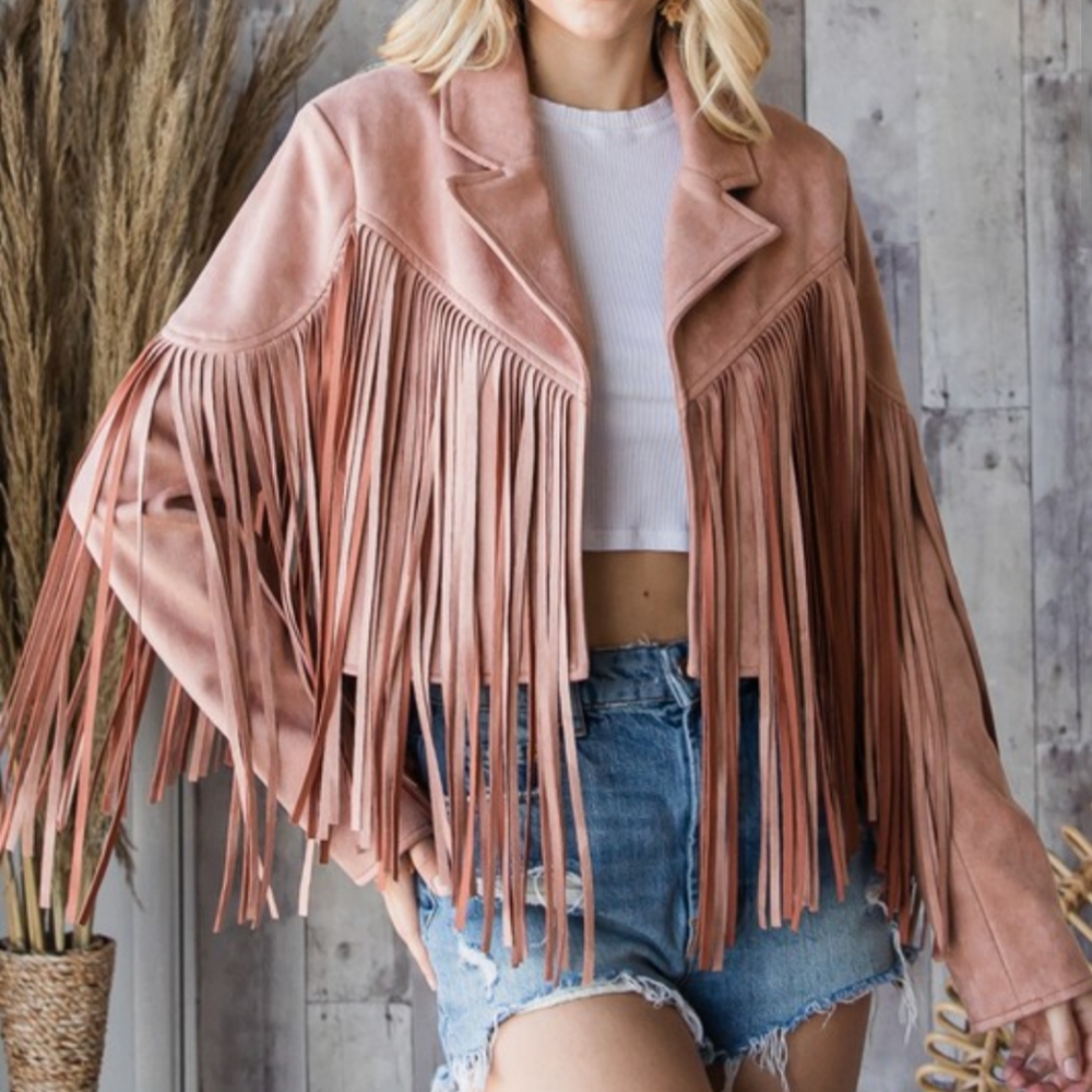 Pink Western Cropped Fringe Jacket